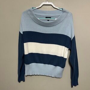 Lucky Brand Women's Sweater M Blue‎ Ivory Striped Colorblock Off Shoulder Knit